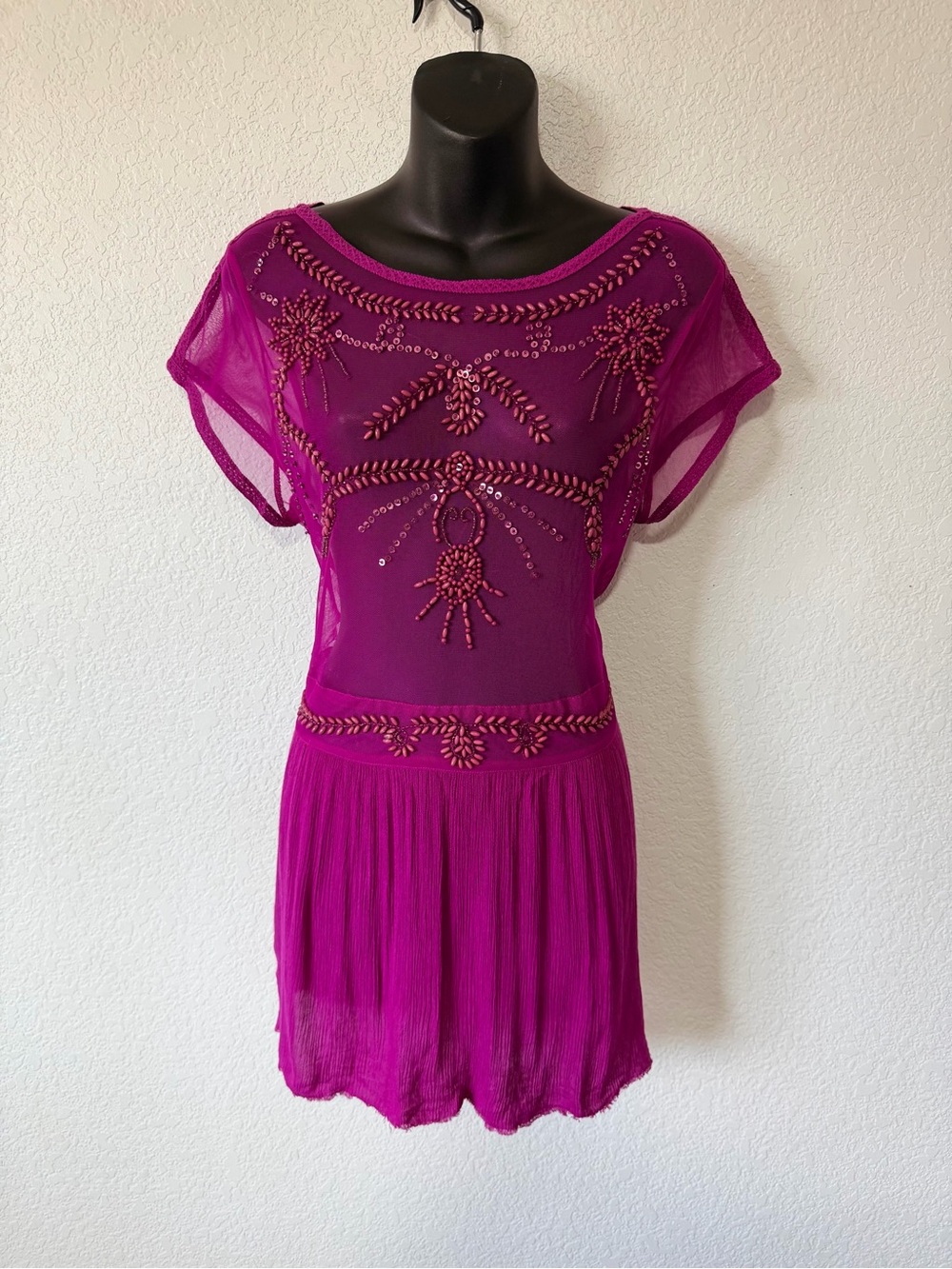 Free People Fuchsia Beaded Sheer Mini Dress